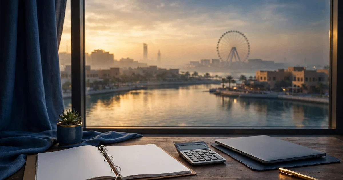 Blank quotation folder and calculator overlooking a Sharjah lagoon at sunset — tax consultant fees in Sharjah
