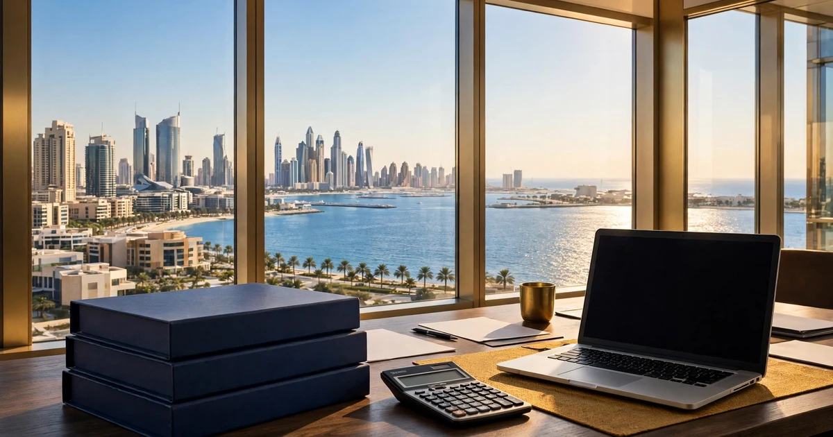 Desk with report binders overlooking Abu Dhabi corniche towers and the sea, for transfer pricing documentation costs