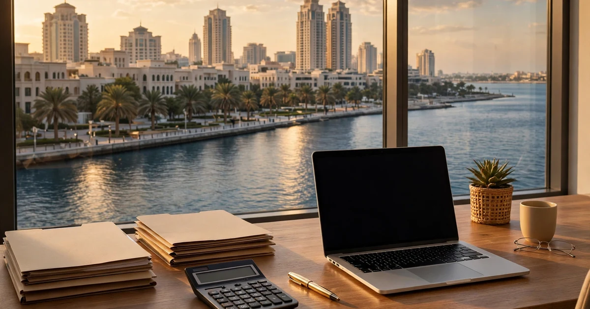 Desk with folders, calculator and laptop above an Abu Dhabi waterfront, for VAT consultant fees in Abu Dhabi