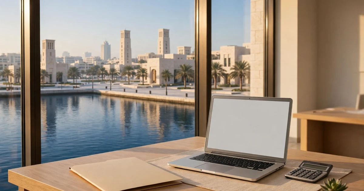 Blank folder and laptop on a desk above Abu Dhabi's waterfront, for VAT registration costs in Abu Dhabi