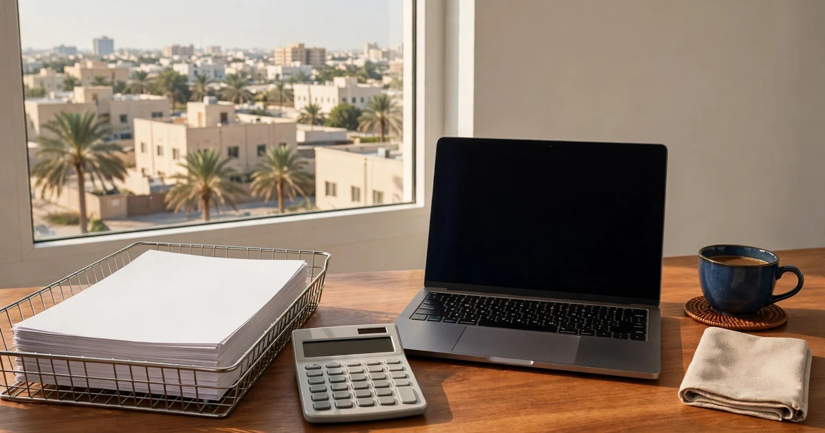 Wire tray of blank sheets and a laptop above low-rise Ajman rooftops, for VAT registration costs in Ajman