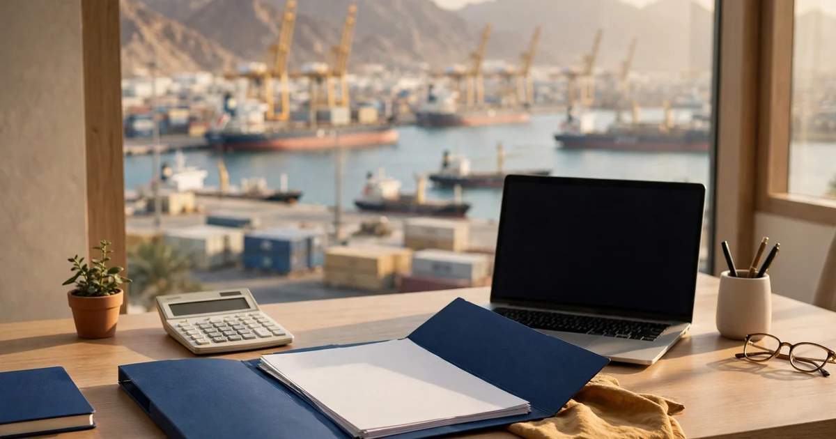 Open blue folder on a desk above a Ras Al Khaimah port and mountains, for VAT registration costs there