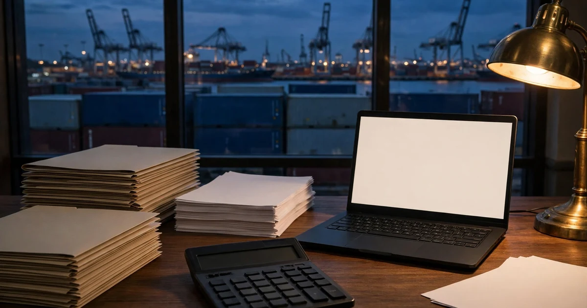 Blank shipping folders and a brass lamp over Sharjah's container port at dusk, for VAT registration costs