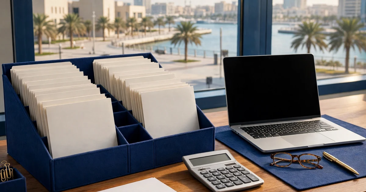 Blue organiser of blank return folders by an Abu Dhabi waterfront, for VAT return filing costs in Abu Dhabi