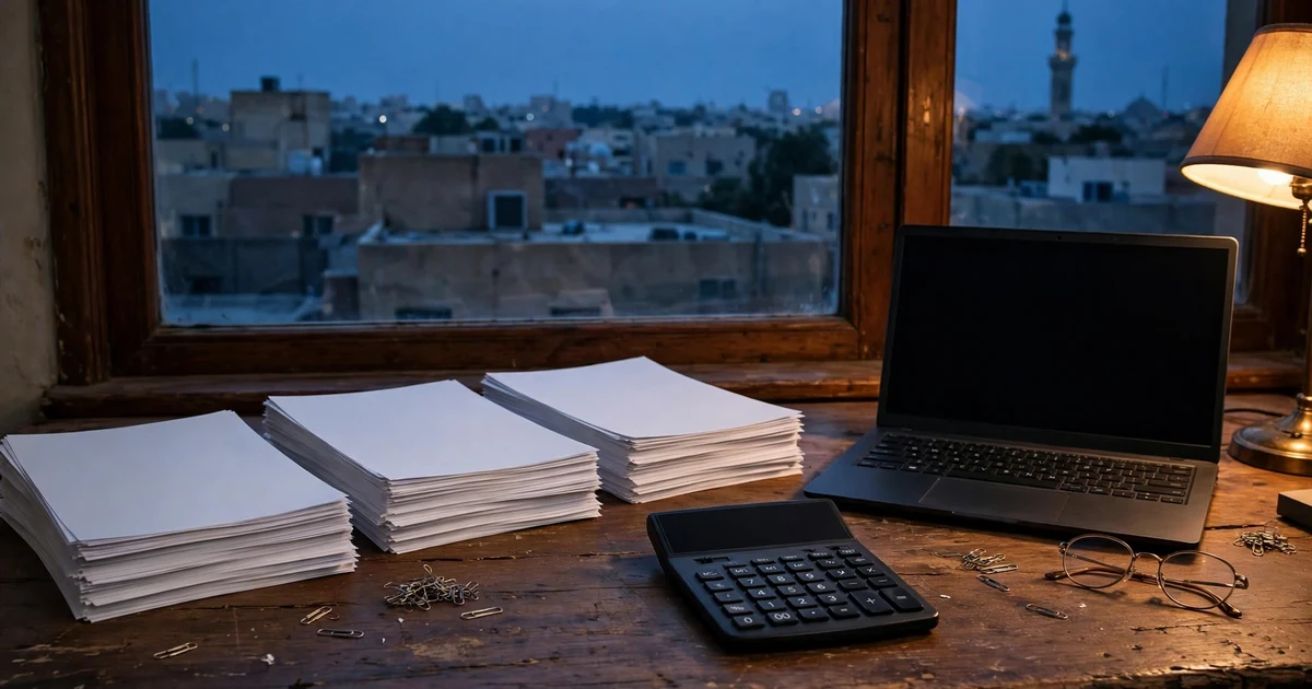 Three sorted piles of blank records above Sharjah rooftops at dusk, for VAT return filing costs in Sharjah