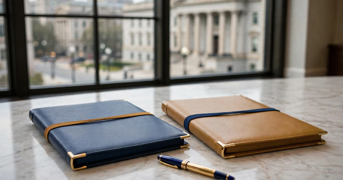 Two bound agreement folders and a fountain pen on a marble table before a large window.