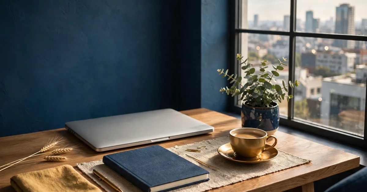Freelancer desk with laptop and rising chart in lapis blue and gold, for accountants for freelancers in the UAE