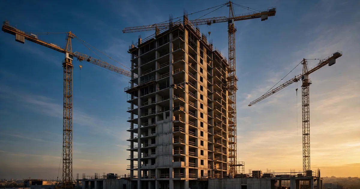 Tower crane over a construction site beside project ledgers in lapis blue and gold, for construction accounting