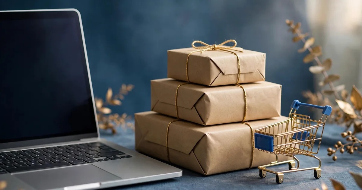Parcels and a shopping cart beside rising sales charts in lapis blue and gold, for e-commerce accounting firms in the UAE