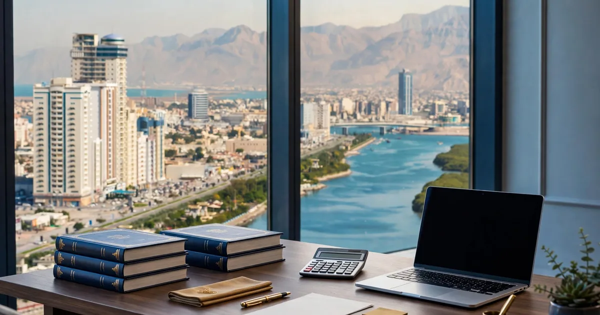 Illustration of a Ras Al Khaimah ledger and zone licence on a desk by a window over the Gulf, in lapis blue and gold