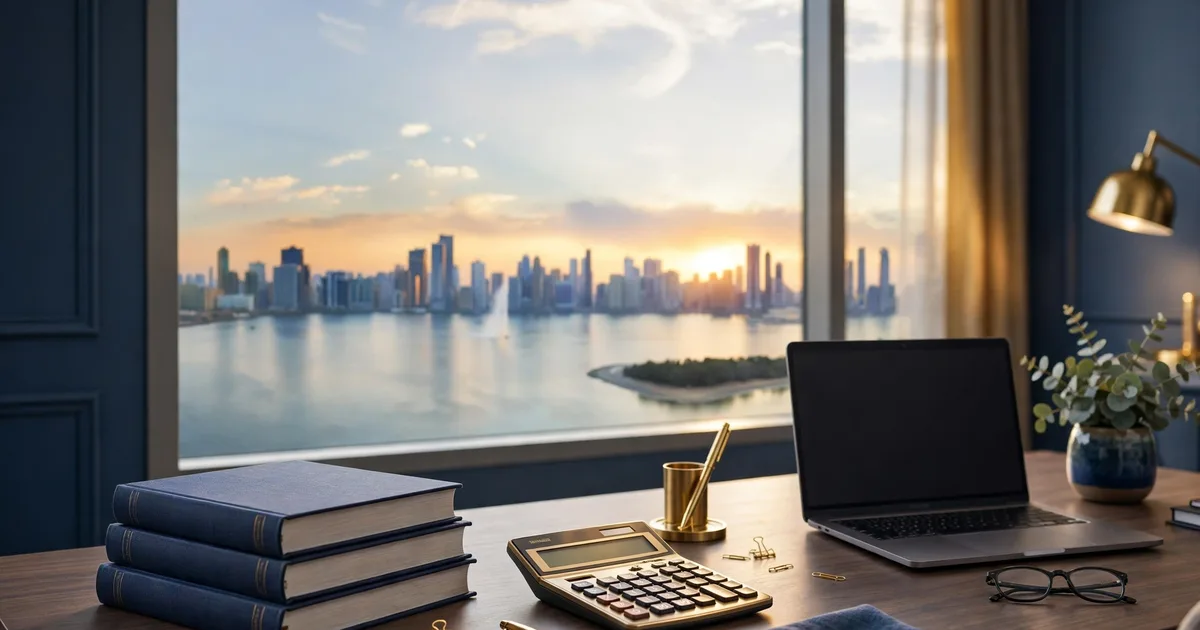 Illustration of Sharjah accounting firms compared in lapis blue and gold, with ledgers and a free-zone gate