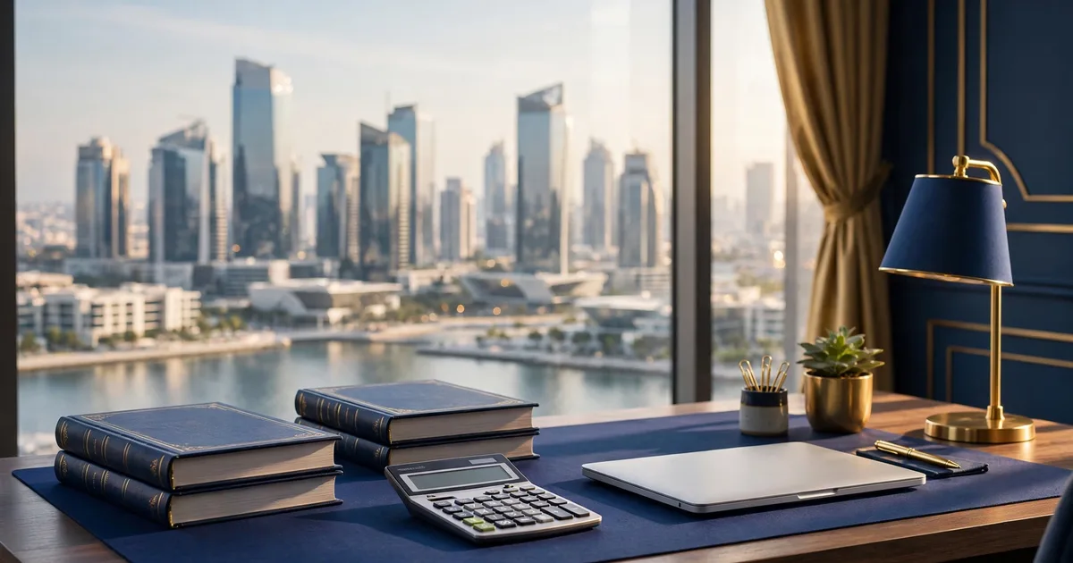 Illustration of UAE accounting firms compared in lapis blue and gold, with ledgers, columns and a national map outline