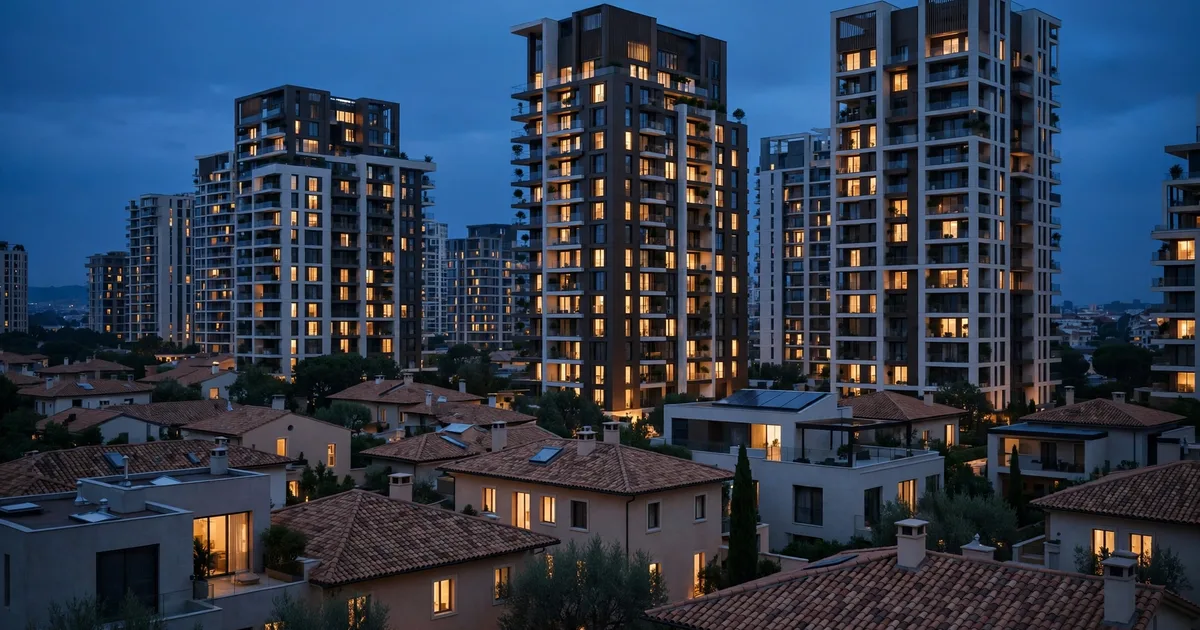 Row of residential towers and a key beside a ledger in lapis blue and gold, for real-estate accounting services in Dubai