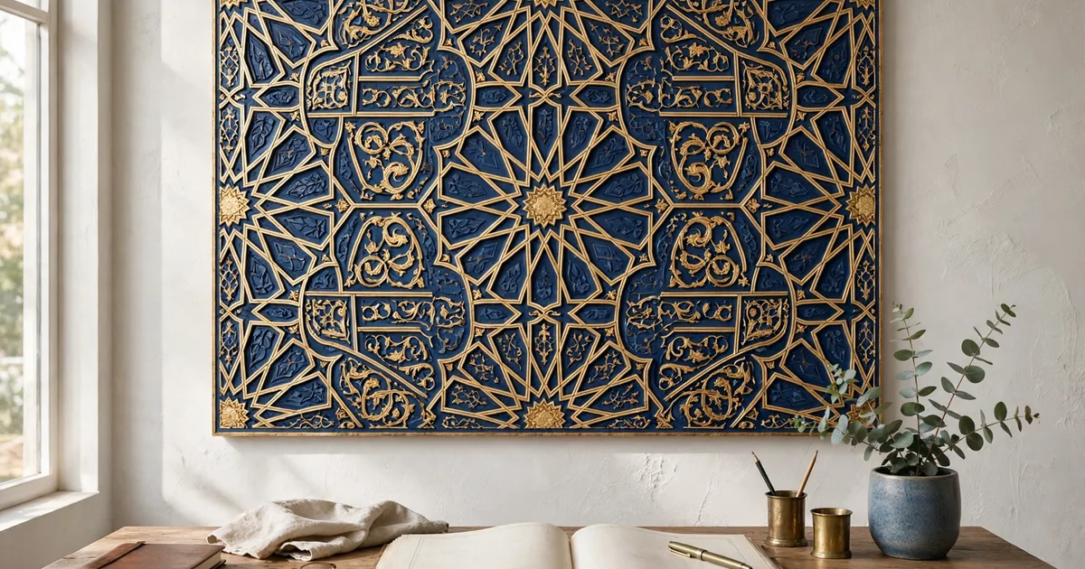 Open Arabic ledger beside a fountain pen and tax documents in lapis blue and gold, for Arabic-speaking tax advisors in Dubai