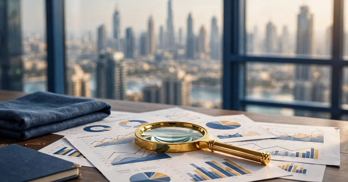 Magnifying glass over audited financial statements and a stamp in lapis blue and gold, for audit firms for SMEs in Dubai