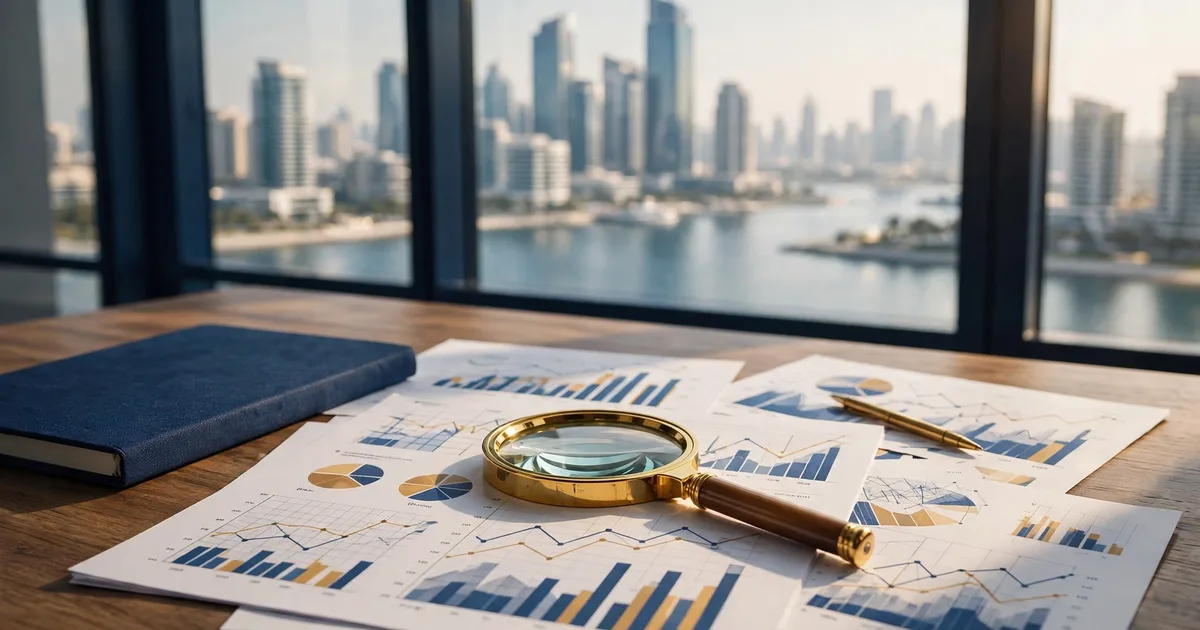 Illustration of approved audit firms in the UAE reviewed in lapis blue and gold, with a seal, ledger and register