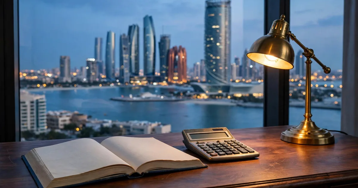 Illustration of Abu Dhabi bookkeeping providers compared in lapis blue and gold, with ledgers and a tower