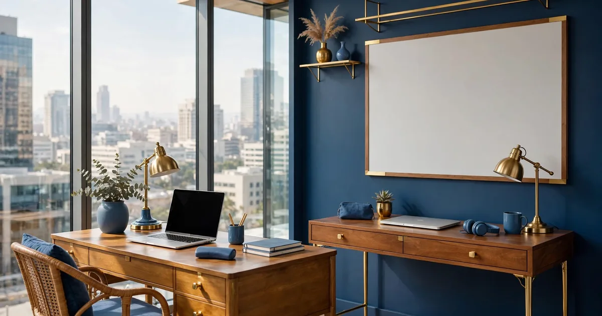 Open laptop with a tidy ledger beside a growing plant in lapis blue and gold, for startup bookkeeping in Dubai