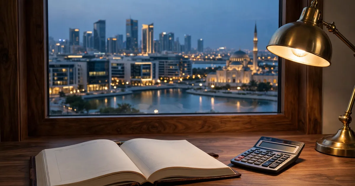 Illustration of Sharjah bookkeeping providers compared in lapis blue and gold, with a ledger, calendar and zone gate