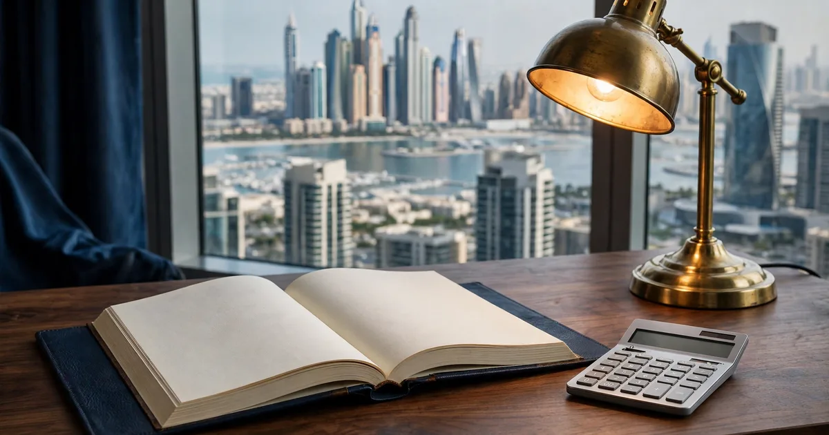 Illustration of UAE bookkeeping providers compared in lapis blue and gold, with ledgers, a calendar and plan tiers