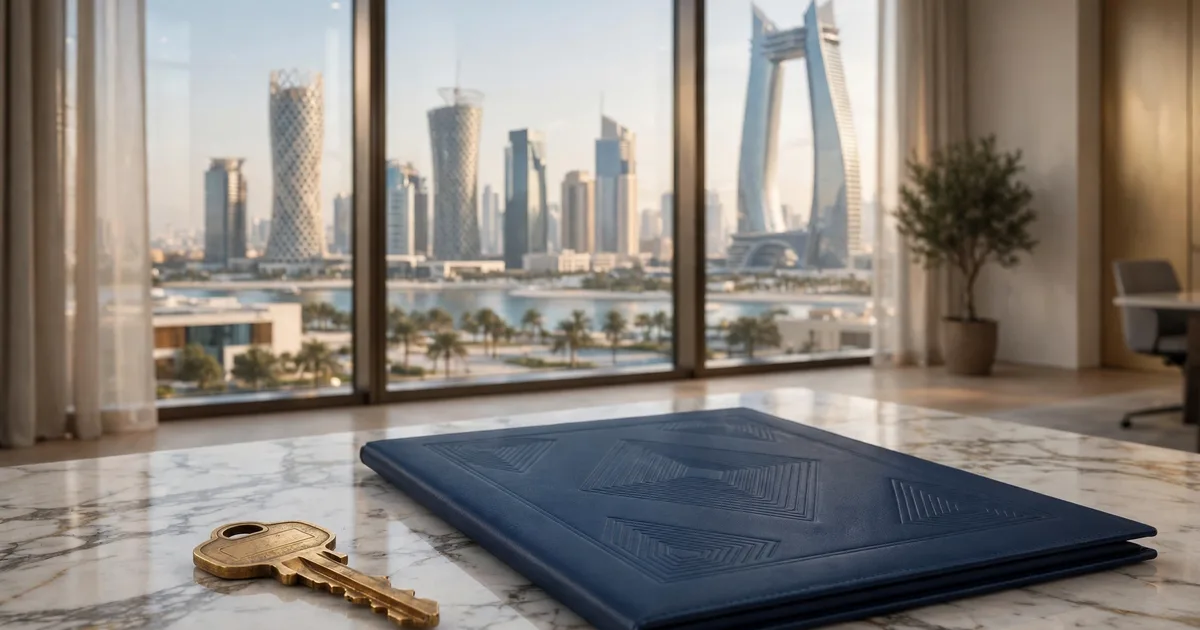 Illustration of Abu Dhabi business setup consultants compared in lapis blue and gold, with a tower, licence and map