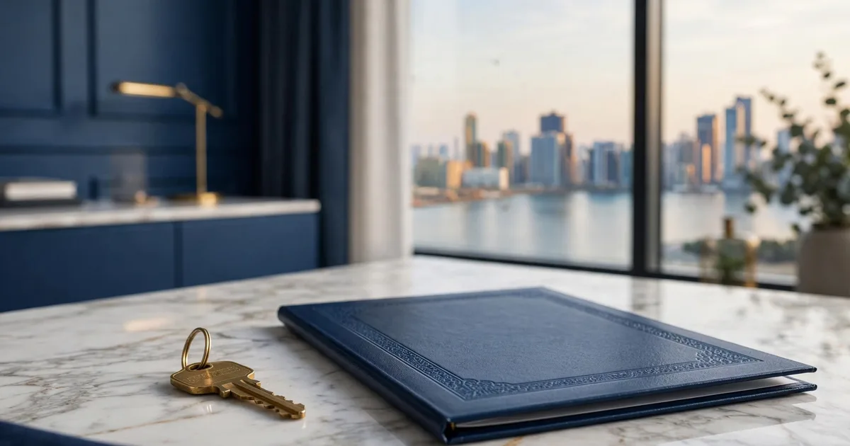 Illustration of a Sharjah trade licence and media-city skyline in lapis blue and gold, for choosing a setup consultant