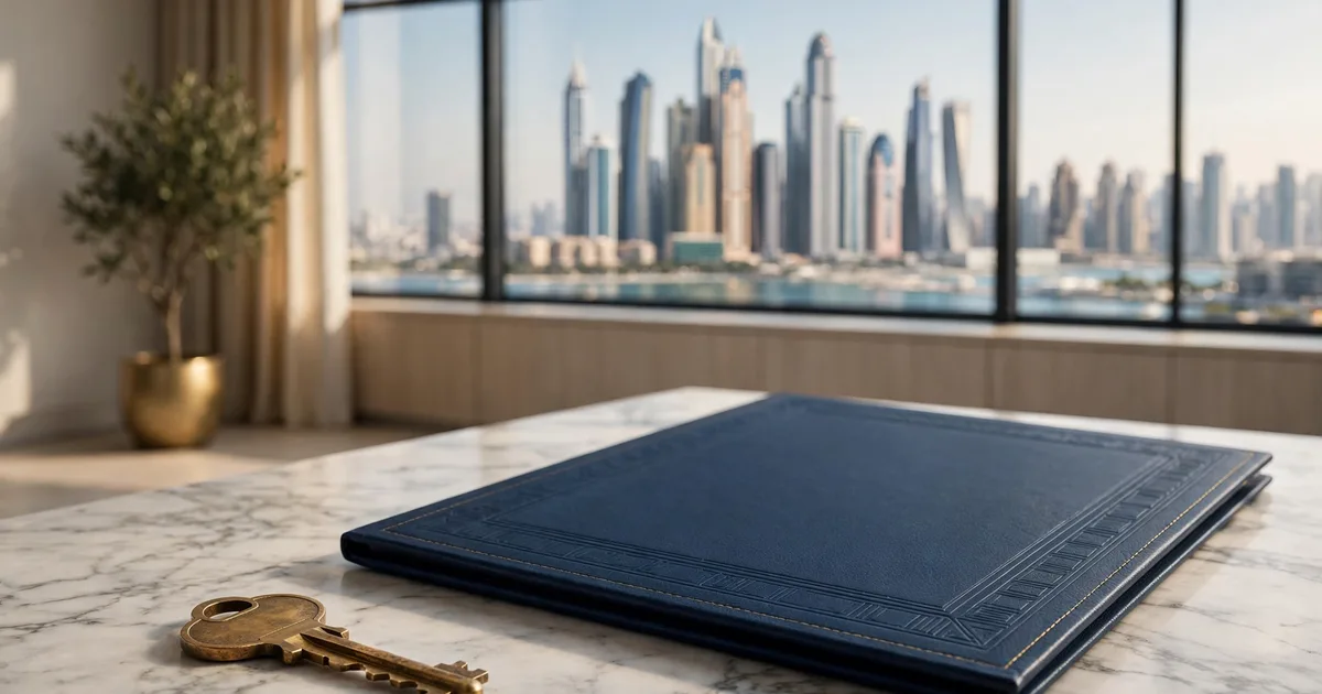 Illustration of UAE business setup consultants compared in lapis blue and gold, with licence documents, keys and a skyline