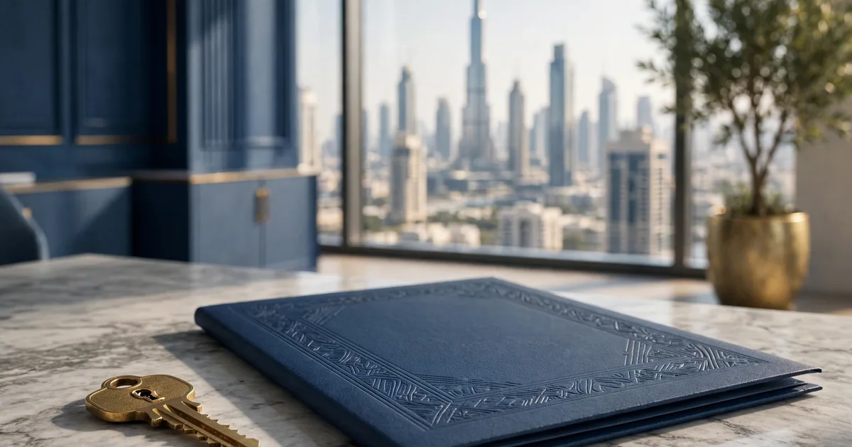 Illustration of a Dubai trade licence being issued beside a checklist of free-zone options, in lapis blue and gold