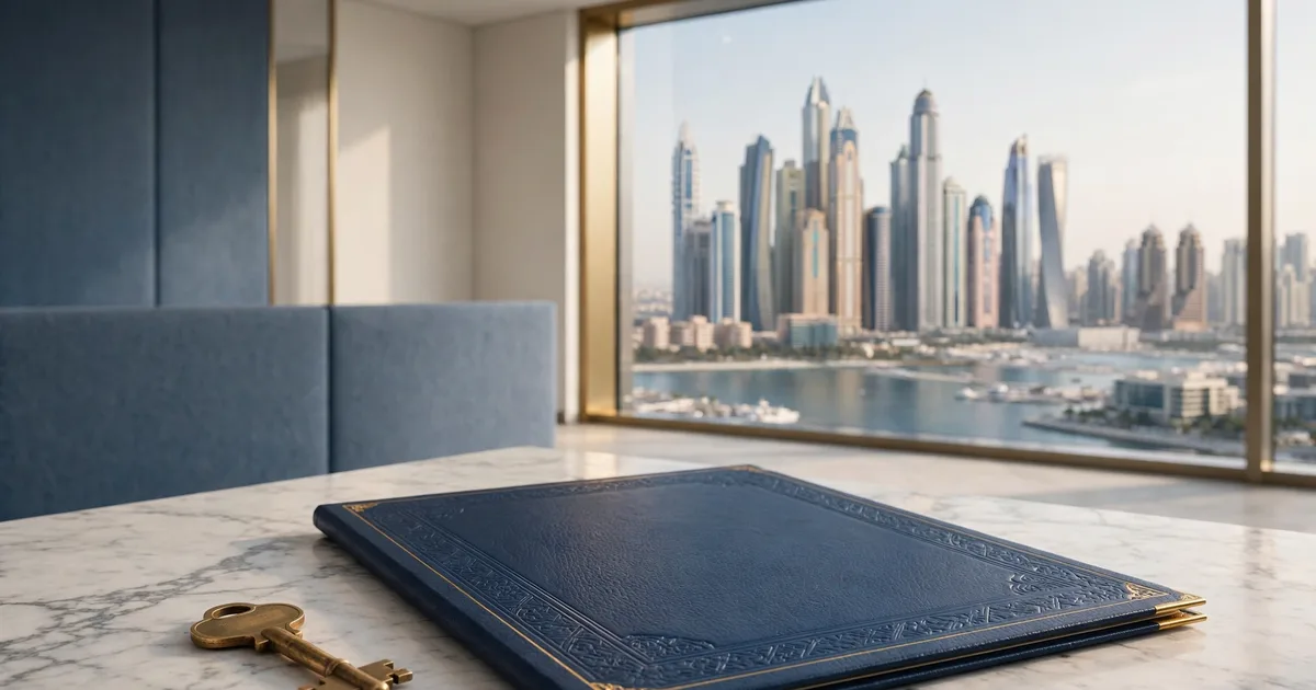 Illustration of UAE company registration firms compared in lapis blue and gold, with a licence, stamp and cost breakdown