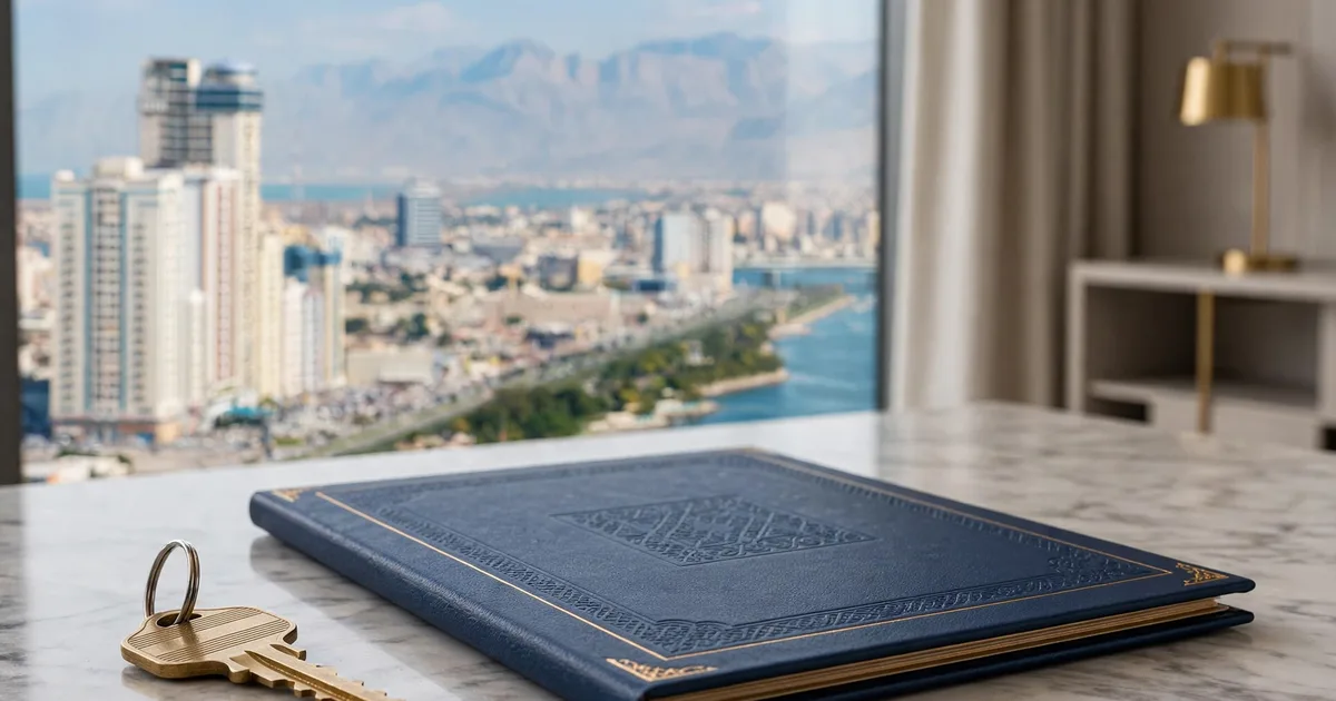 Illustration of a Ras Al Khaimah economic-zone licence beside a holding-company registry document, in lapis blue and gold