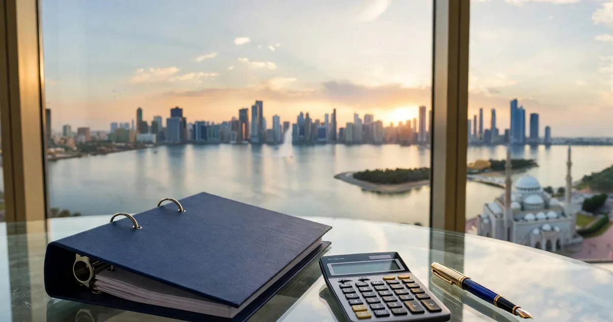 Illustration of Sharjah corporate tax consultants compared in lapis blue and gold, with a free-zone gate and law book