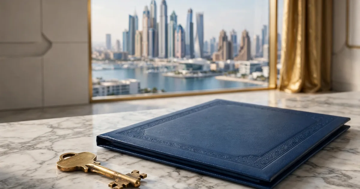 Illustration of a map of UAE free zones with agent registration badges, in lapis blue and gold