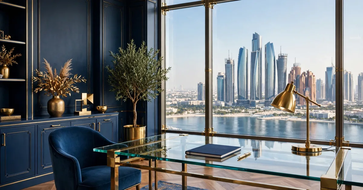 Illustration of an Abu Dhabi payroll office between a mainland WPS file and an ADGM tower, in lapis blue and gold
