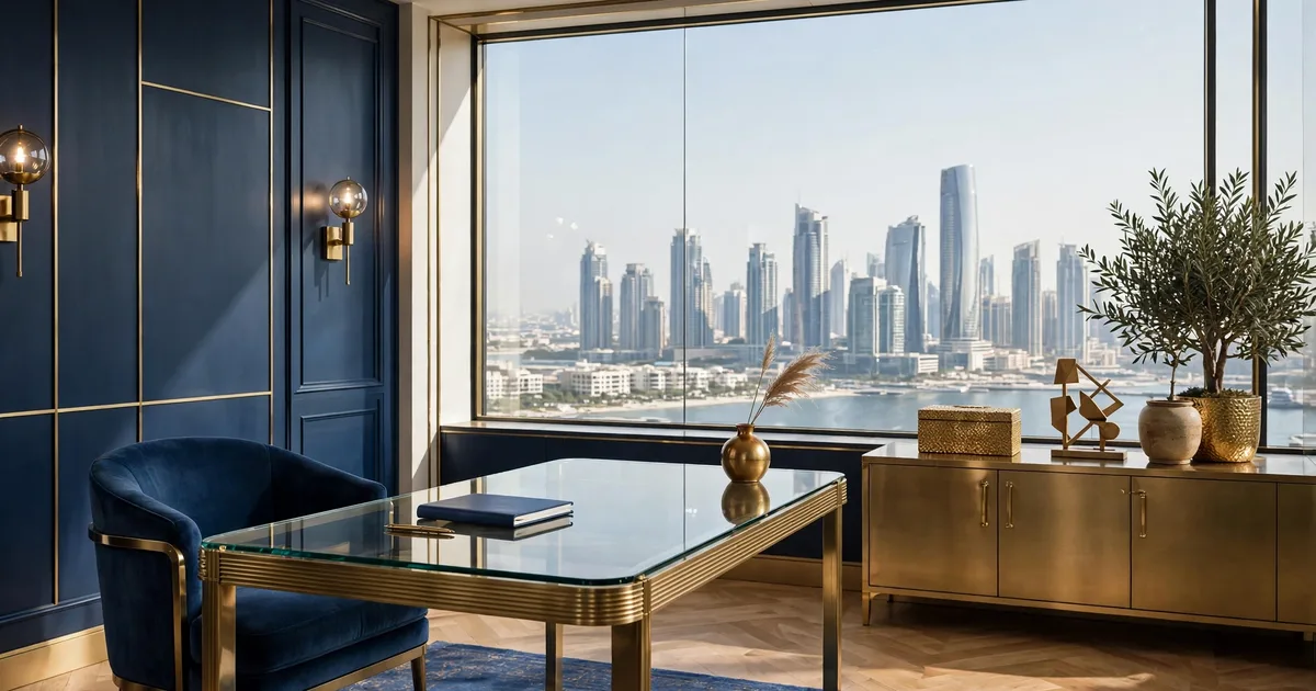 Illustration of a UAE salary file moving through the Wage Protection System with a gratuity ledger, in lapis blue and gold