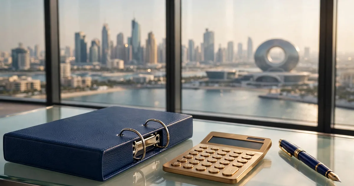 Illustration of Abu Dhabi tax consultants compared in lapis blue and gold, with a tower, register and shortlist