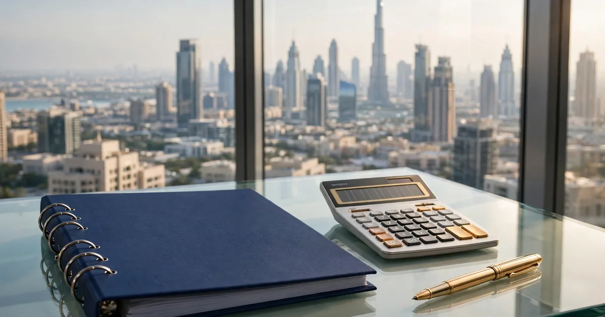 Illustration of a scored shortlist of Dubai tax firms in lapis blue and gold, with a checklist and rising columns