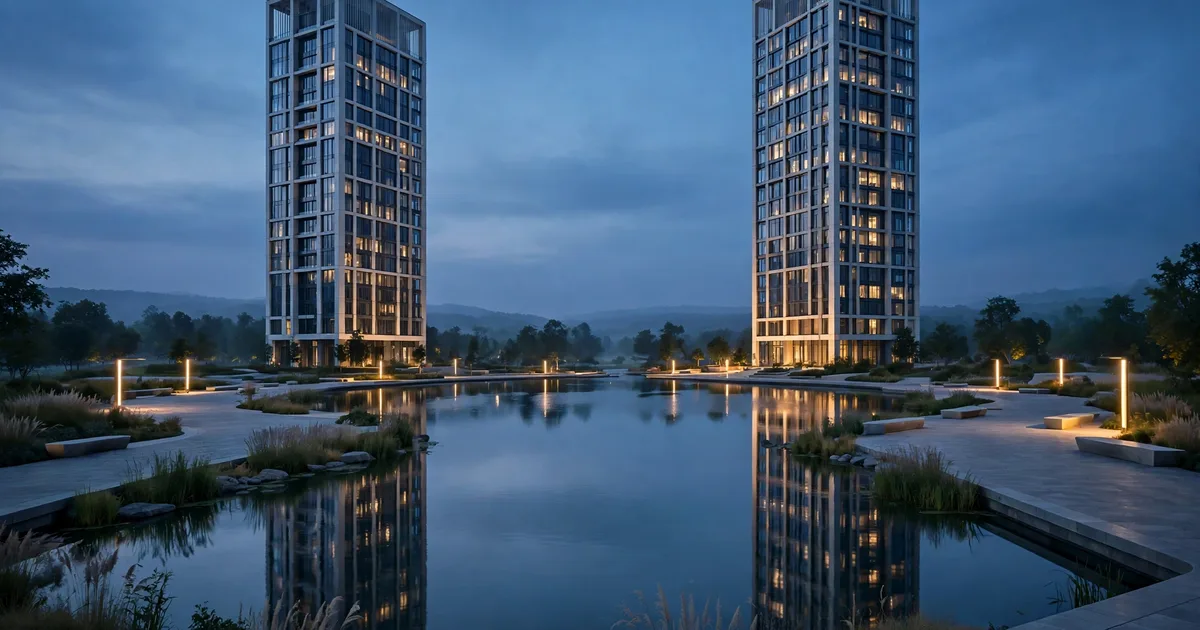 Cluster of glass towers around a lake in a free-zone district in lapis blue and gold, for DMCC tax consultants