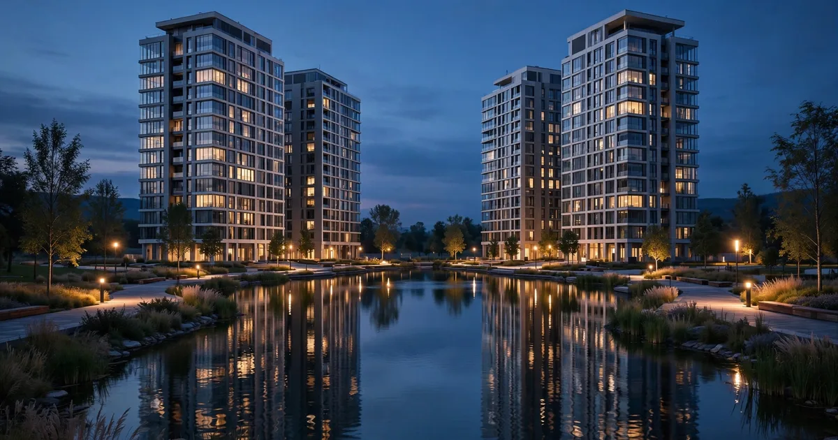 Gated free-zone business district with warehouses and towers in lapis blue and gold, for free-zone tax consultants