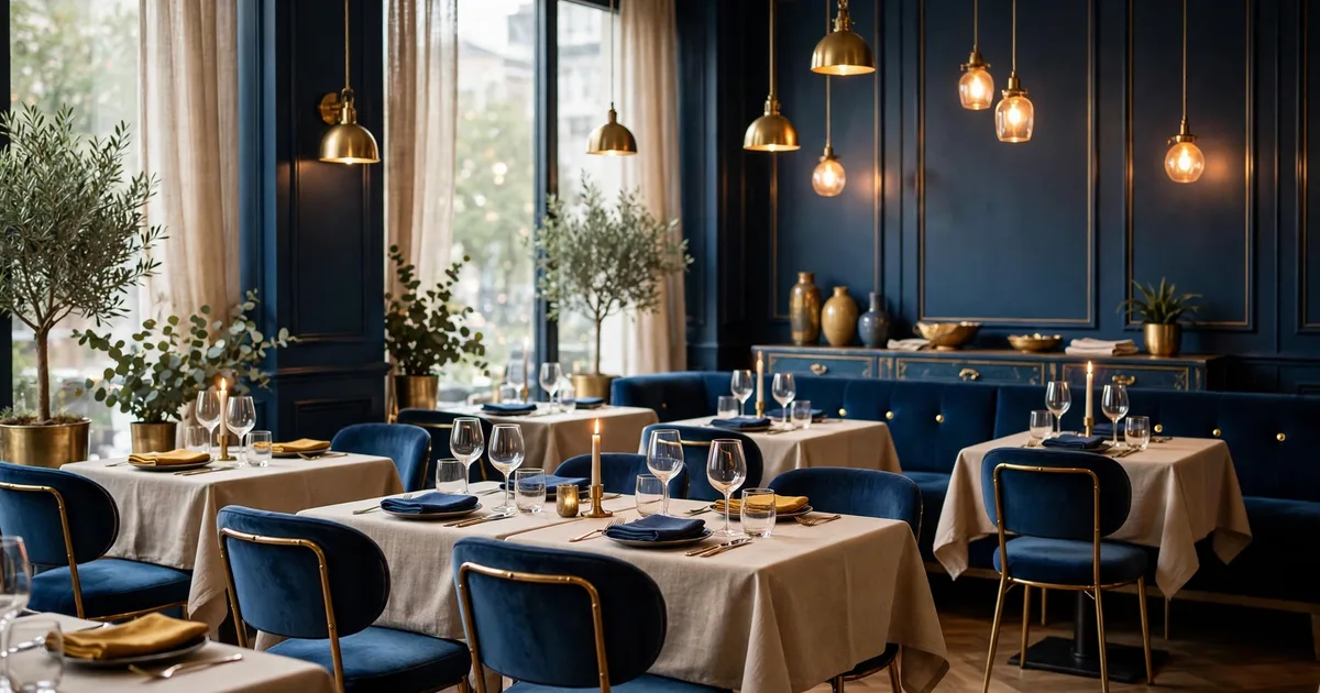 Restaurant dining room with set tables and a till beside a ledger in lapis blue and gold, for tax consultants for restaurants