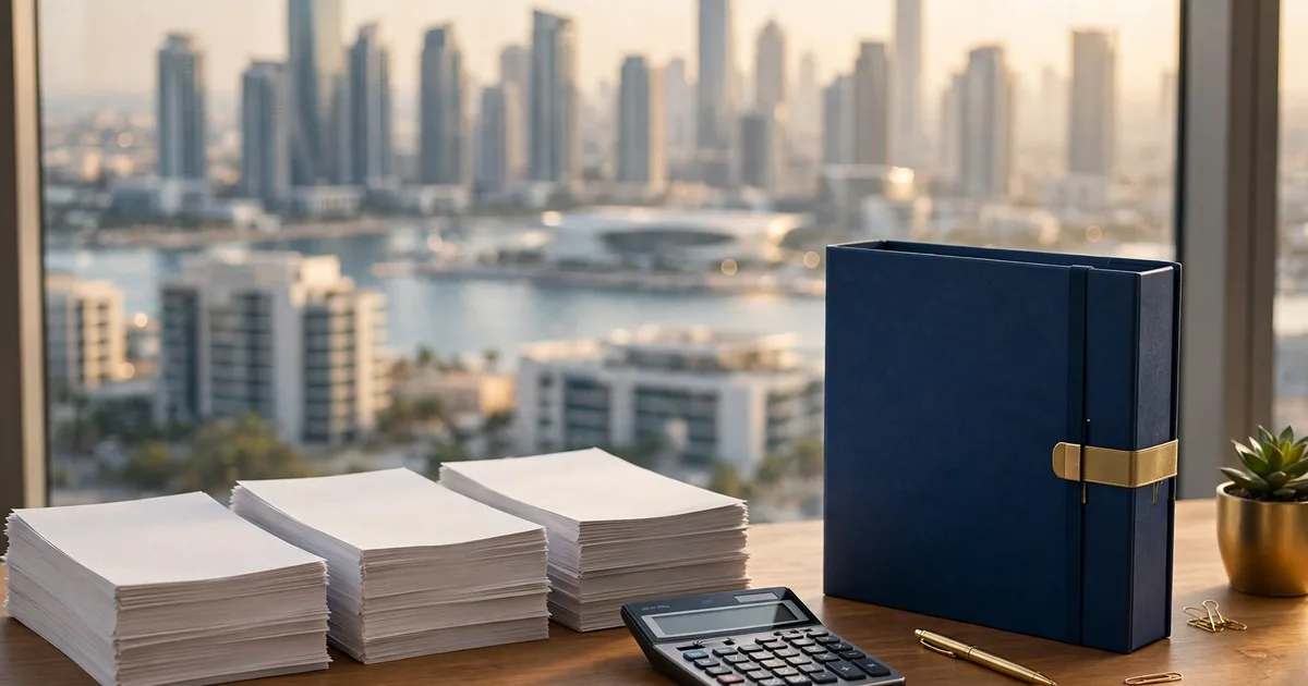 Illustration of VAT consultants across the UAE scored on a lapis blue and gold table, with a tax register and calculator