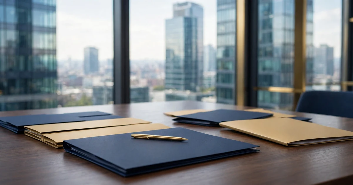 Company folders and a pen on a boardroom table, office towers visible through the window behind