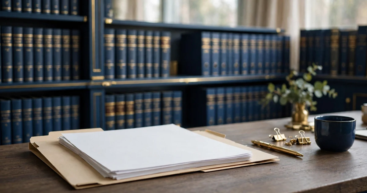 Complaint documents in a folder on an office desk, bound professional registers on the shelves behind