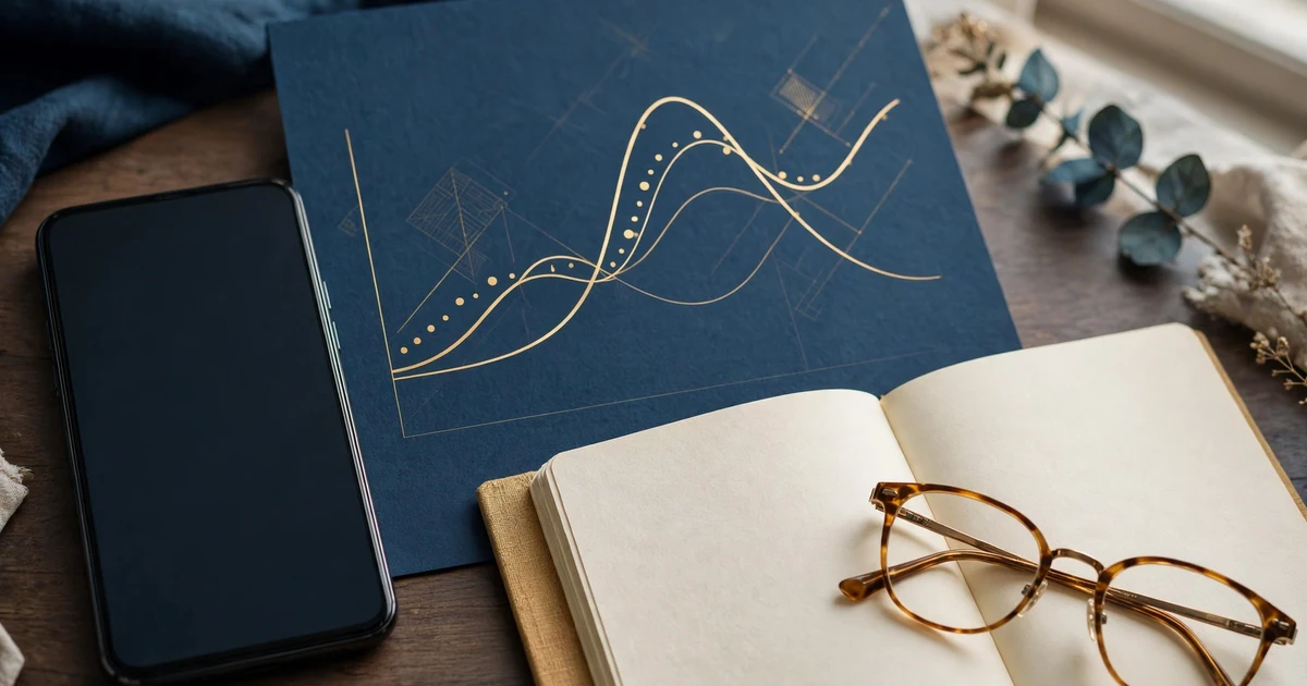 A smartphone with a blank screen beside a notebook, reading glasses, and an abstract chart folder.