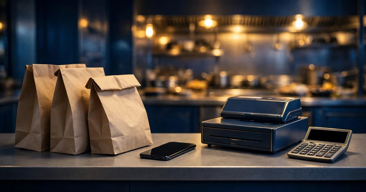 Food delivery bags and a smartphone on a restaurant pass counter next to a till and a handheld calculator