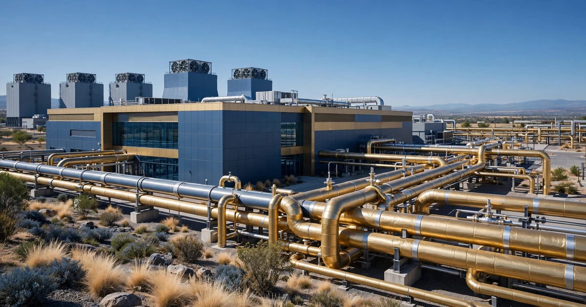 Industrial district cooling plant with cooling towers and insulated chilled-water pipes outside a modern building