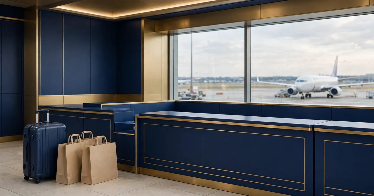 Suitcase and shopping bags beside an empty airport validation counter with an aeroplane visible through the window