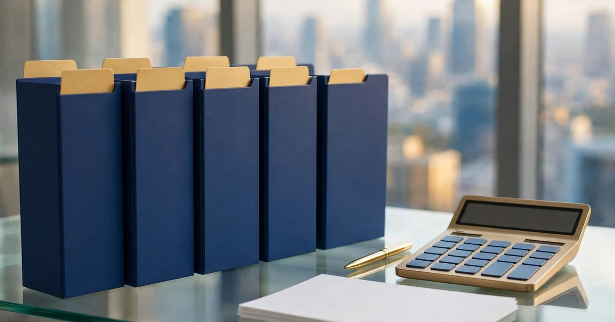 Audit folders with blank tabs and a calculator with a blank display on a glass desk.