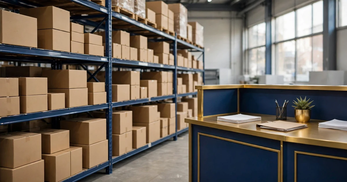 Warehouse shelving stacked with boxed goods beside a service desk, showing goods and services side by side