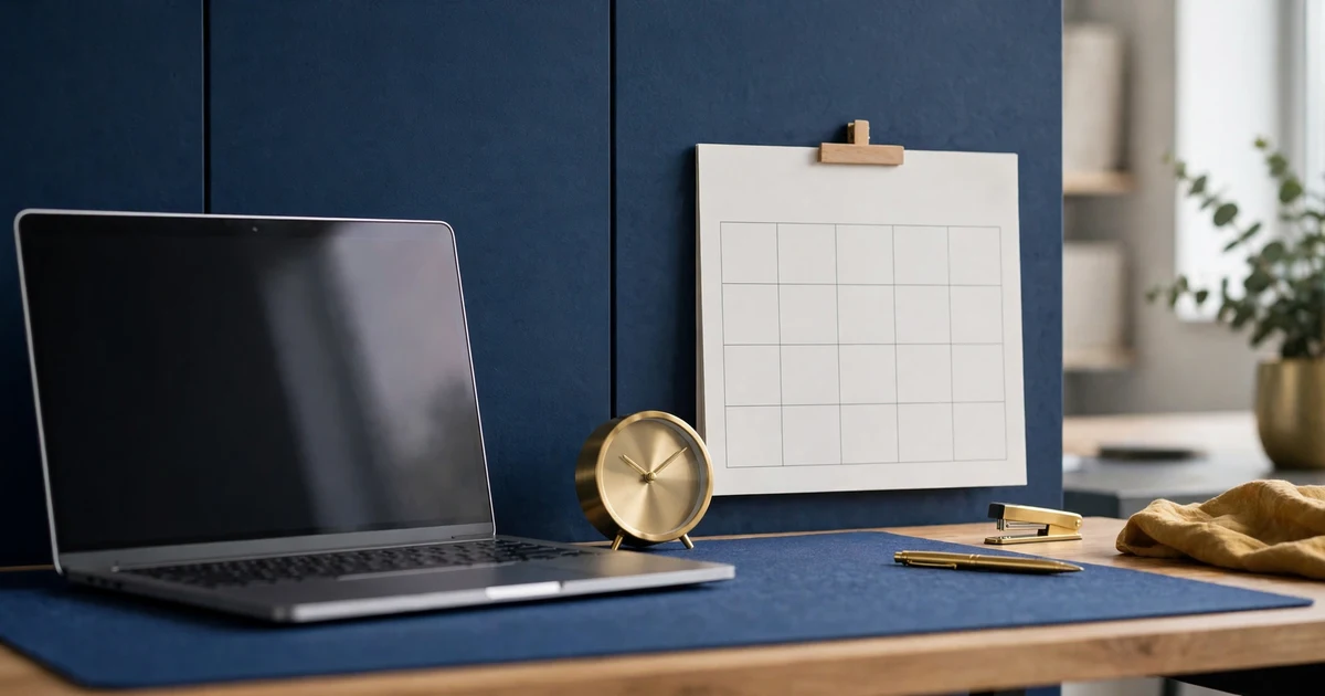 A laptop, wall calendar and small clock arranged on a desk in a bright modern office