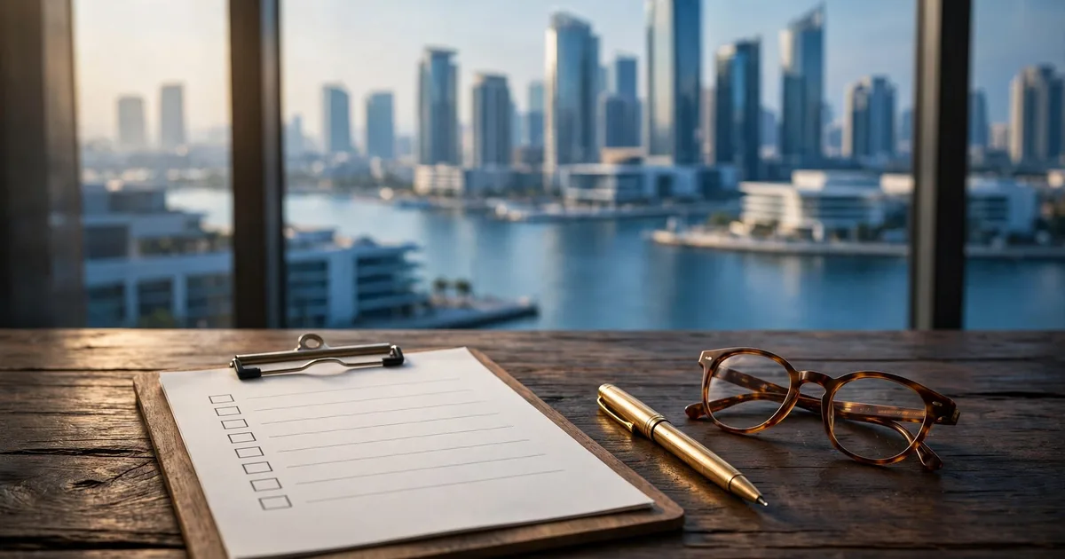Checklist and magnifying glass over firm profiles in lapis blue and gold, for choosing an accounting firm UAE